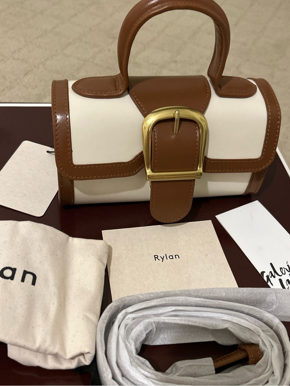 Rylan Two-Tone Mini Top-Handle Leather Bag in Cream & Brown